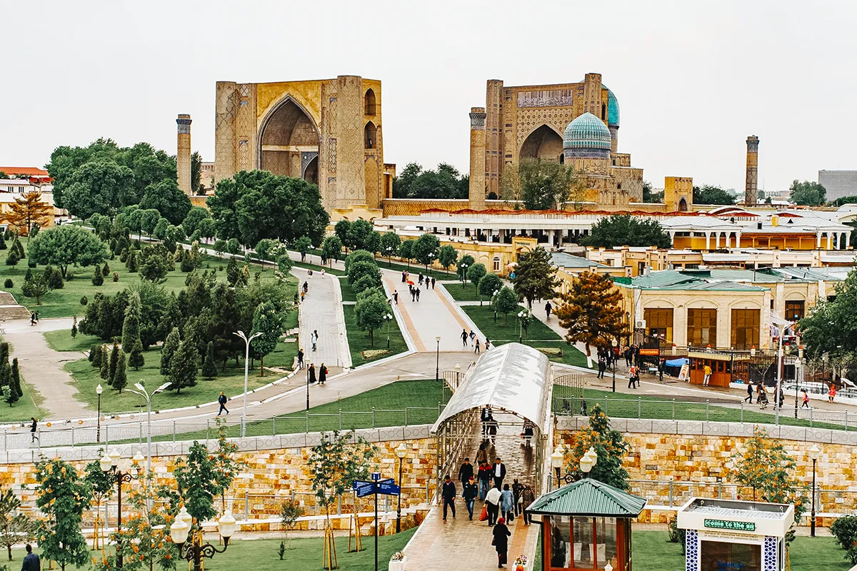 View of Bibi-Khanym Mosque in Samarkand from Hazrat Khizr viewpoint with park and pathways