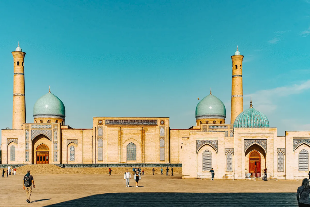 Khast Imam complex in Tashkent with mosques, domes and minarets under blue sky