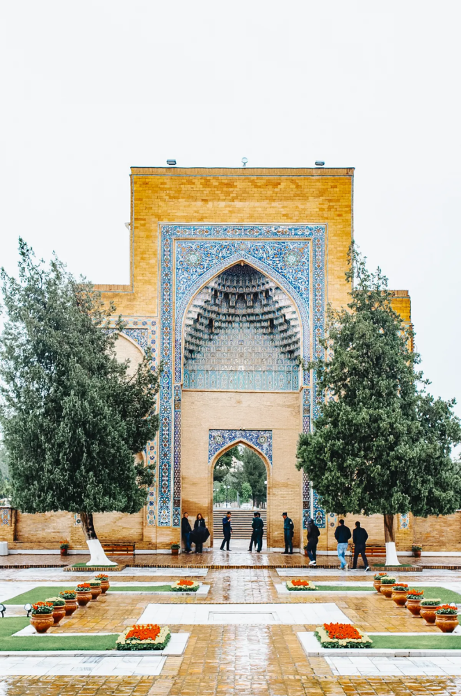 Gur-e-Amir mausoleum entrance with ornate tiled arch and courtyard in Samarkand